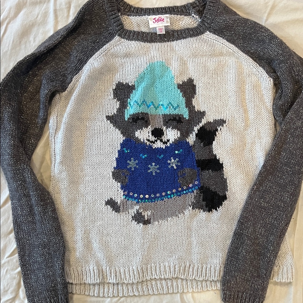 Justice Charcoal and Cream Raccoon Sweater